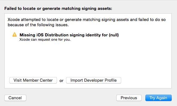 missing ios distribution signing identity for null
